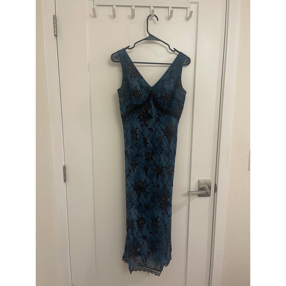 Vintage Valerie Steven's 90s Silk Cocktail Evening Dress Wedding Blue Lace Beads